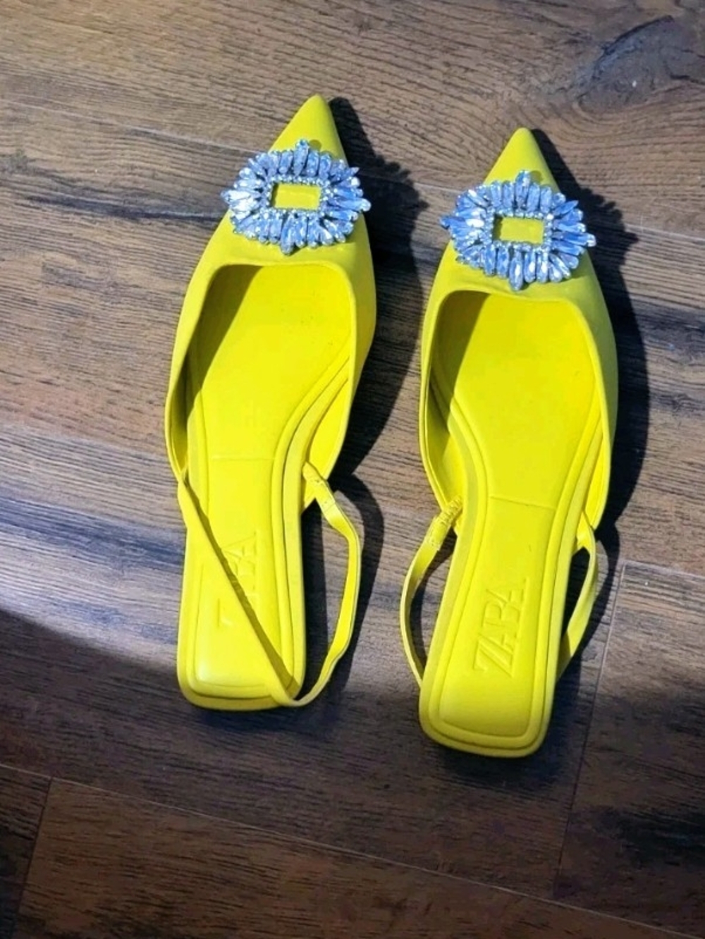Zara Bright Yellow Pointed Slingback Flats with Crystal Embellishment